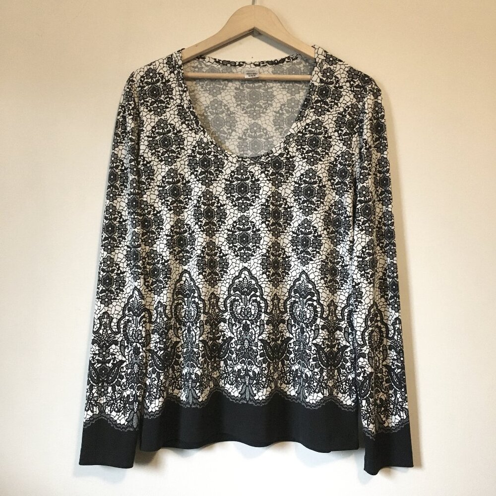 Fairygrune Black White Floral Lace Print Stretchy Top Office Siren Career - M